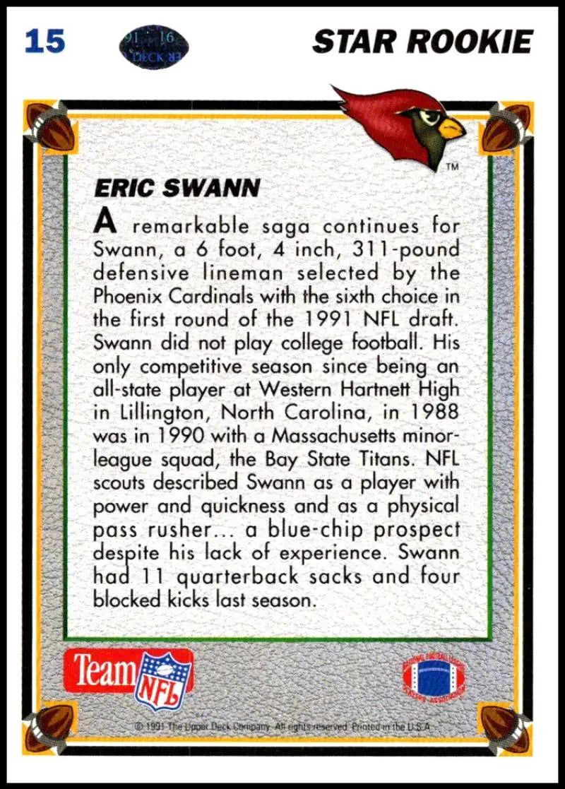 1991 Upper Deck #15 Eric Swann NM-MT RC Rookie Phoenix Cardinals Football Card - Football Card Single