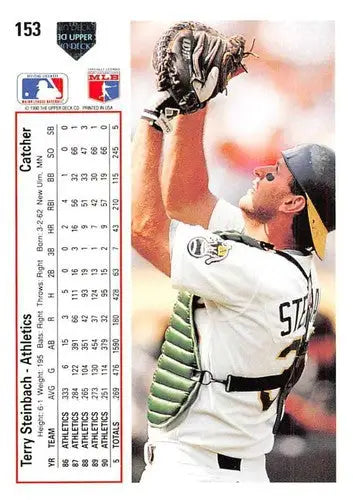 Back of 1991 Upper Deck Terry Steinbach baseball card with original gloss, cards typically sell