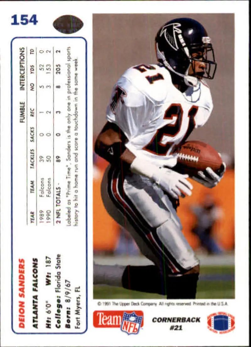 1991 Upper Deck #154 Deion Sanders NM-MT Atlanta Falcons Football Card - Football Card Single