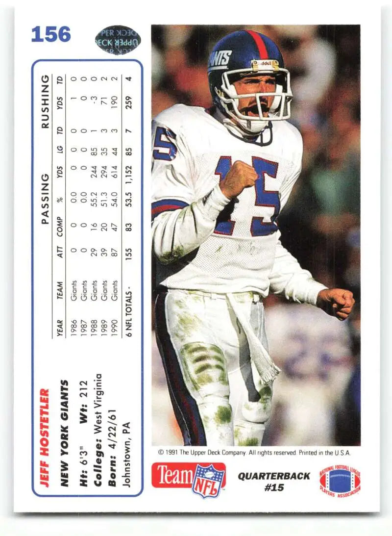 1991 Upper Deck #156 Jeff Hostetler NM-MT New York Giants Football Card - Football Card Single