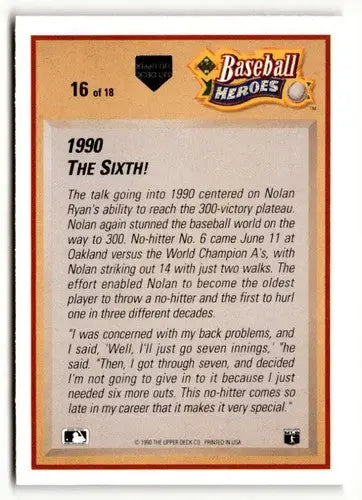 Back of 1991 Upper Deck Nolan Ryan Baseball Heroes card showing player stats