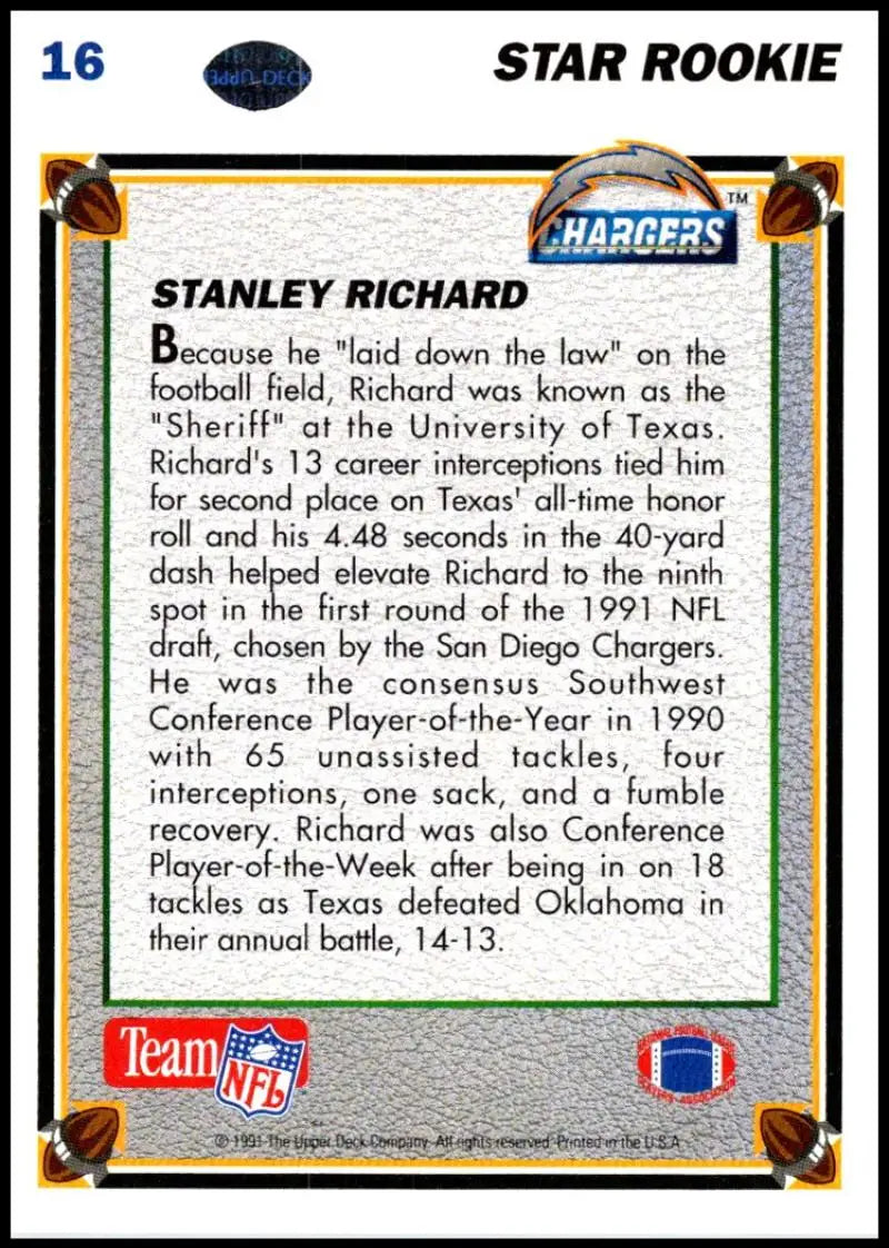 1991 Upper Deck #16 Stanley Richard NM-MT RC Rookie San Diego Chargers Football Card - Football Card Single