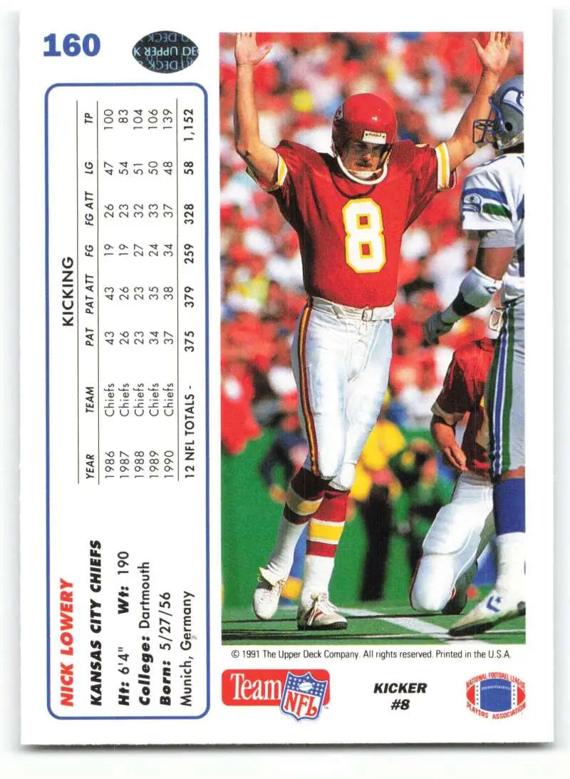 1991 Upper Deck #160 Nick Lowery NM-MT Kansas City Chiefs Football Card - Football Card Single