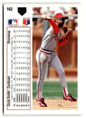 Ozzie Smith baseball trading card from 1991 Upper Deck showing him in a throwing motion