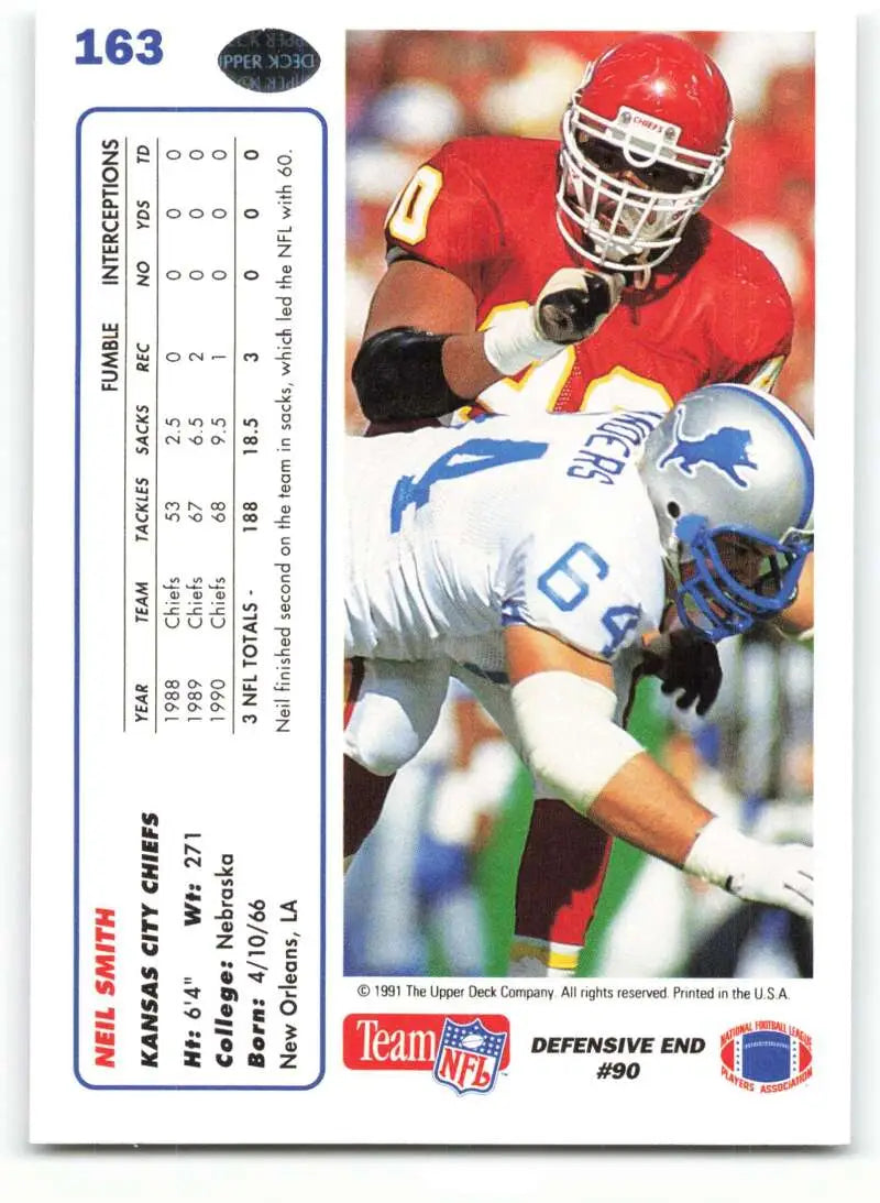 1991 Upper Deck #163 Neil Smith NM-MT Kansas City Chiefs Football Card - Football Card Single
