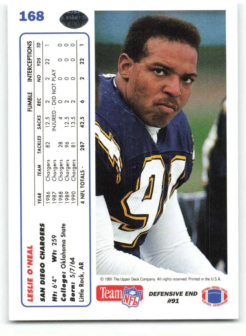 1991 Upper Deck #168 Leslie O’Neal NM-MT San Diego Chargers Football Card - Football Card Single