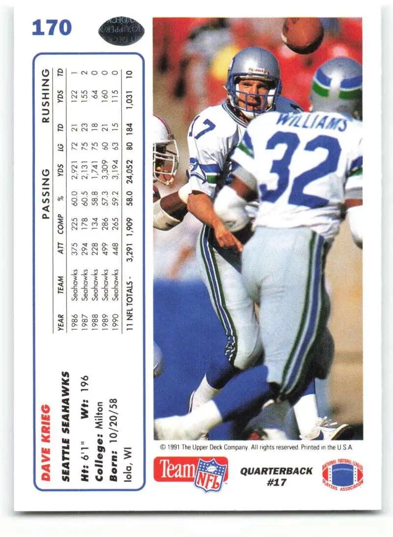 1991 Upper Deck #170 Dave Krieg NM-MT Seattle Seahawks Football Card - Football Card Single