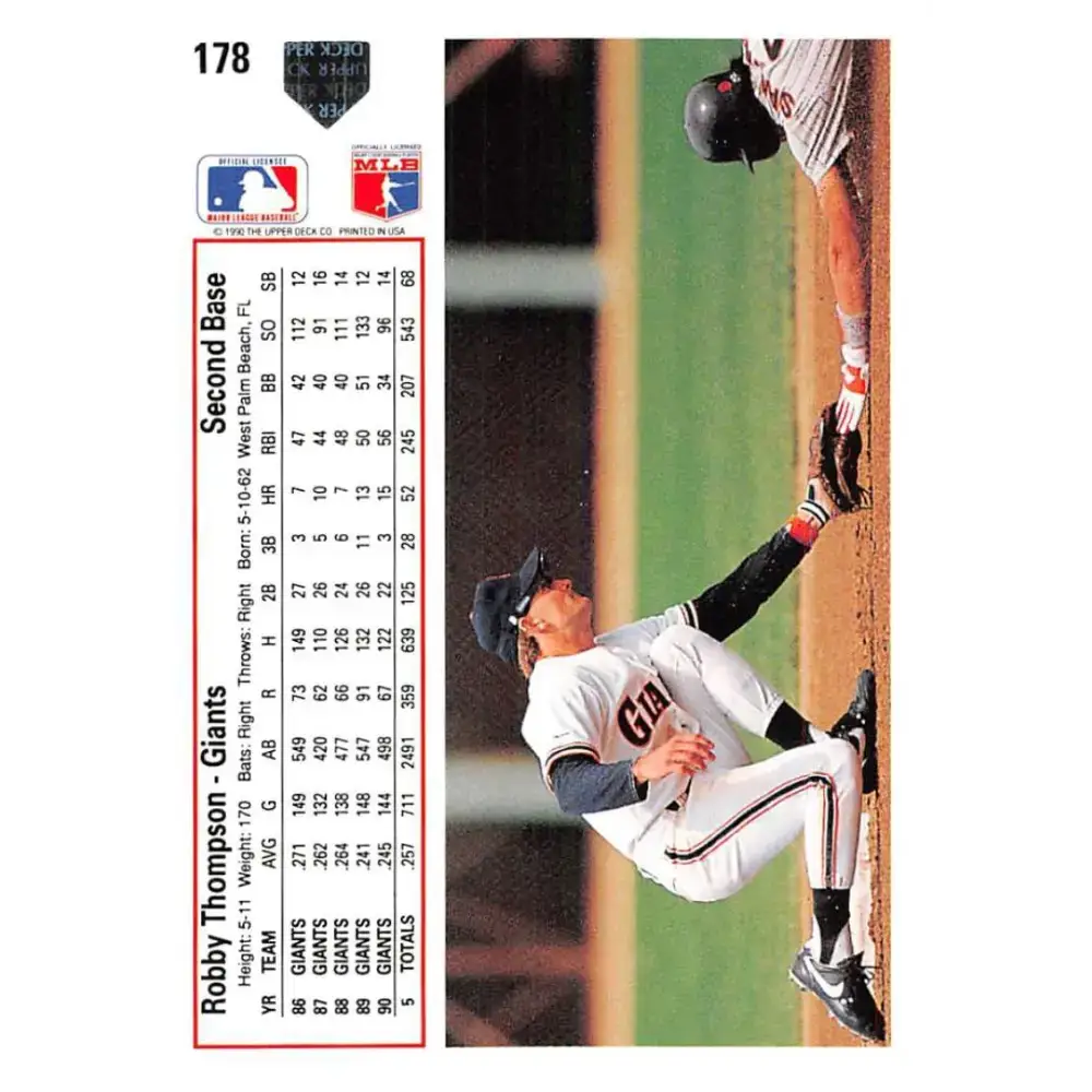1991 Upper Deck #178 Robby Thompson EX Excellent San Francisco Giants Baseball Card - Baseball Card Single
