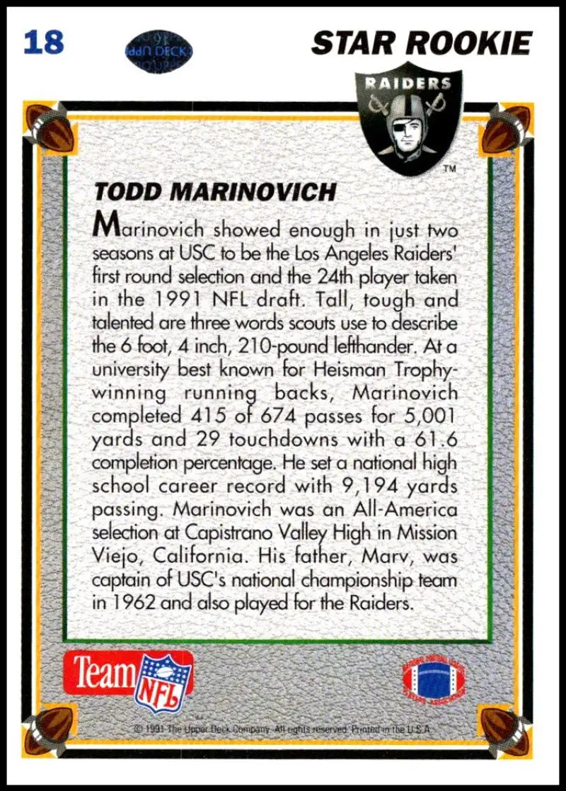 1991 Upper Deck #18 Todd Marinovich NM-MT RC Rookie Los Angeles Raiders Football Card - Football Card Single
