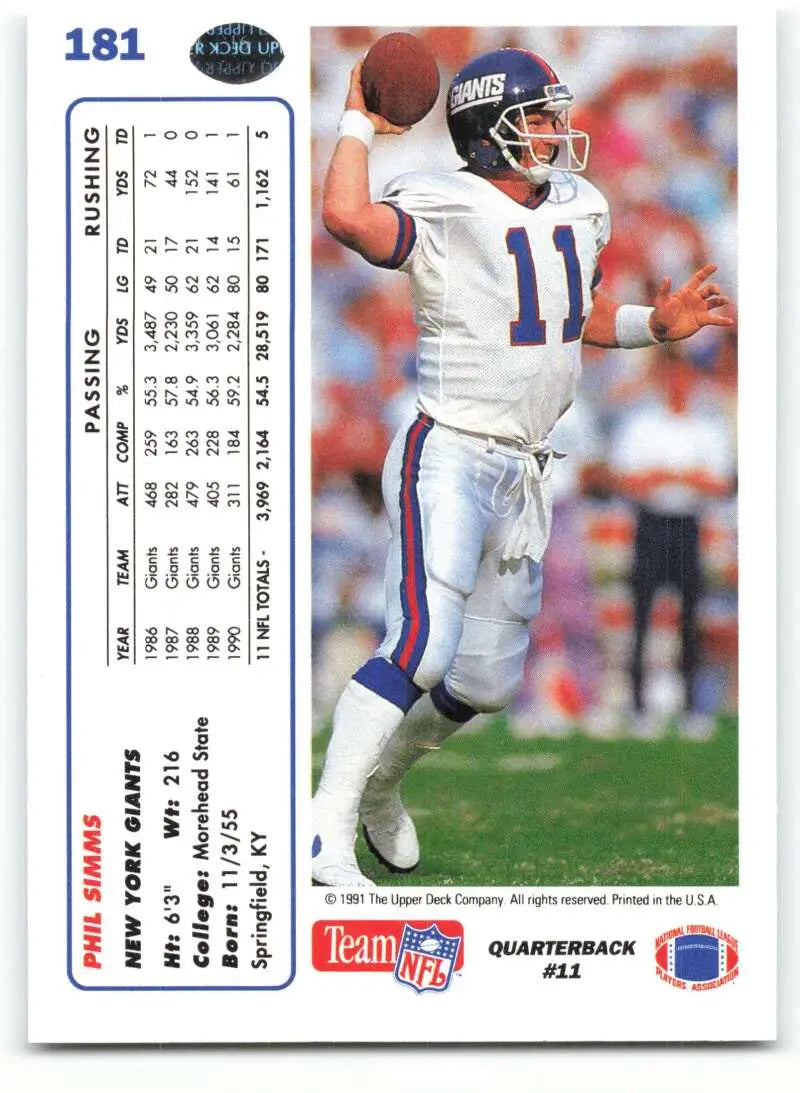1991 Upper Deck #181 Phil Simms NM-MT New York Giants Football Card - Football Card Single
