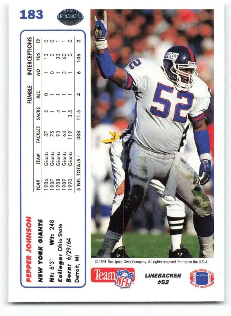 1991 Upper Deck #183 Pepper Johnson NM-MT New York Giants Football Card - Football Card Single