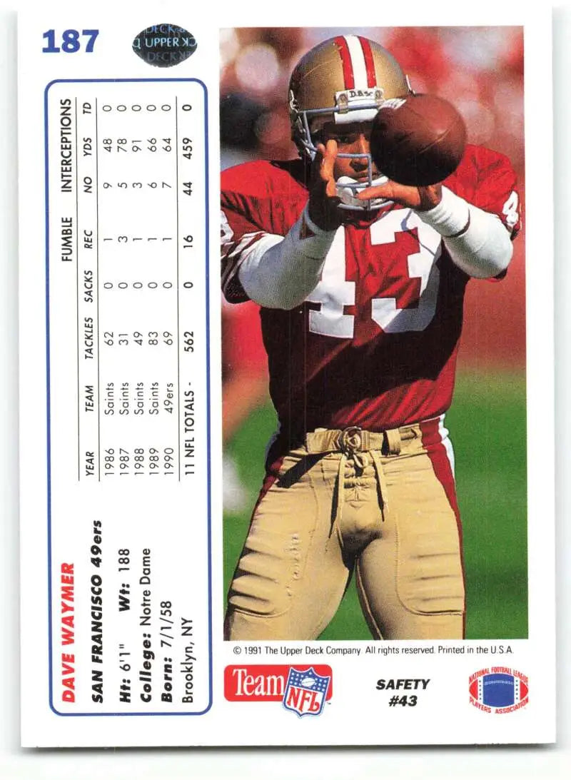 1991 Upper Deck #187 Dave Waymer NM-MT San Francisco 49ers Football Card - Football Card Single