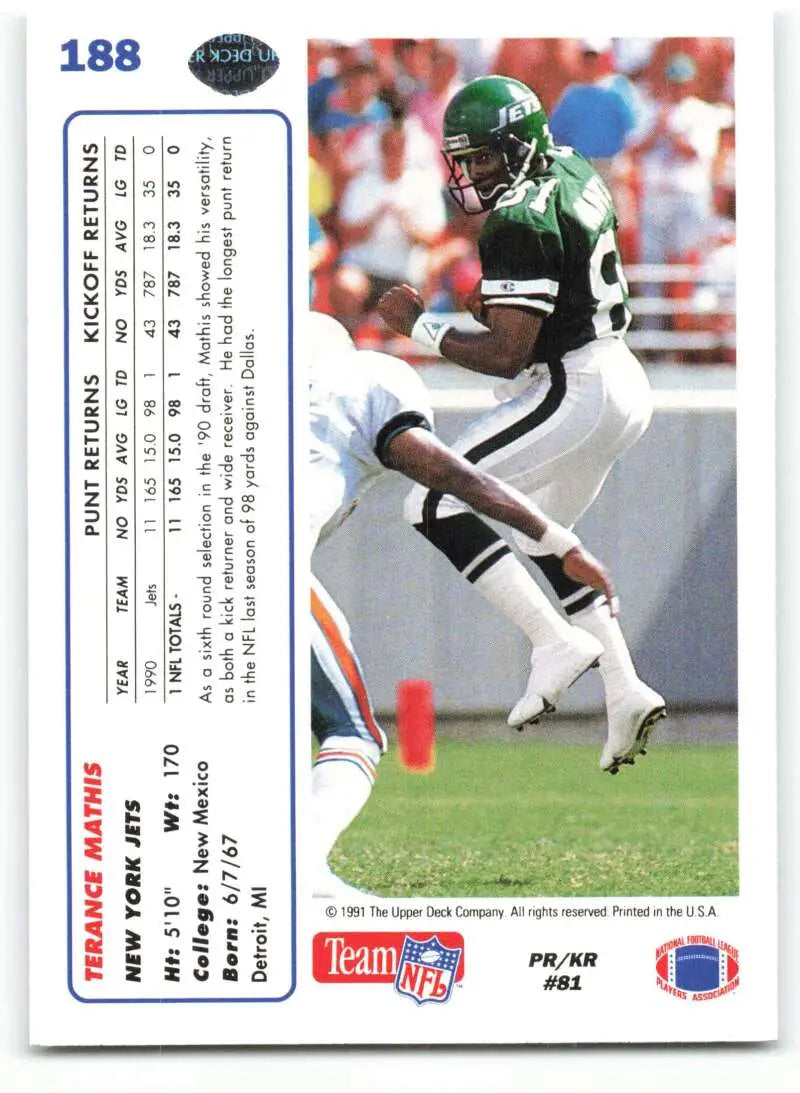 1991 Upper Deck #188 Terance Mathis NM-MT New York Jets Football Card - Football Card Single