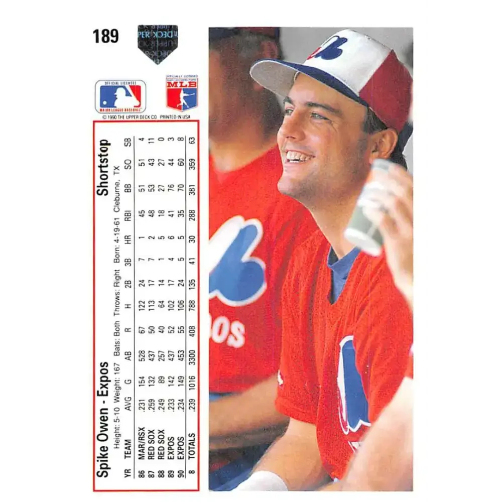 1991 Upper Deck #189 Spike Owen EX Excellent Montreal Expos Baseball Card - Baseball Card Single