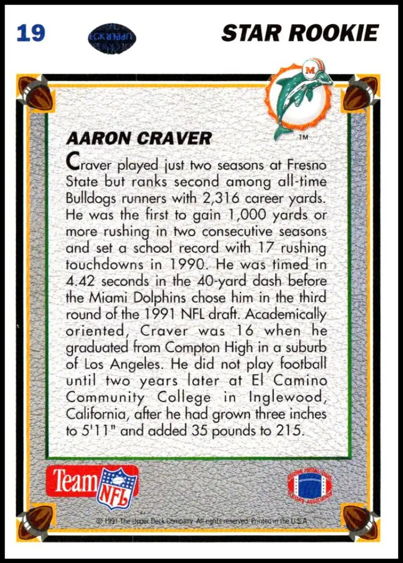 1991 Upper Deck #19 Aaron Craver NM-MT RC Rookie Miami Dolphins Football Card - Football Card Single