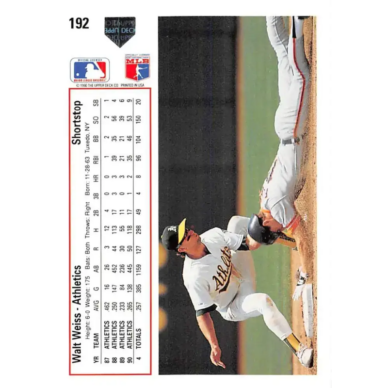 1991 Upper Deck #192 Walt Weiss NM-MT Oakland Athletics Baseball Card - Baseball Card Single