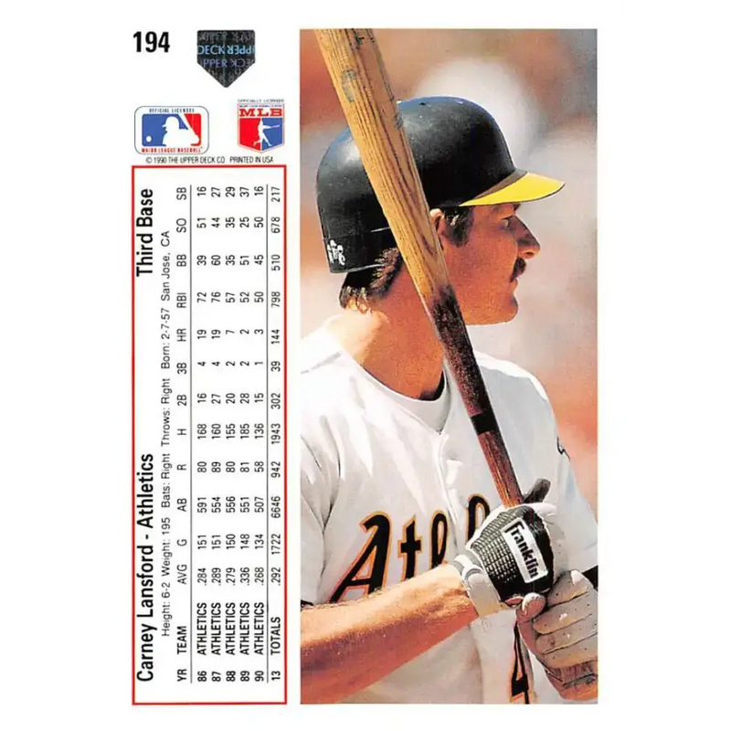 1991 Upper Deck #194 Carney Lansford EX Excellent Oakland Athletics Baseball Card - Baseball Card Single