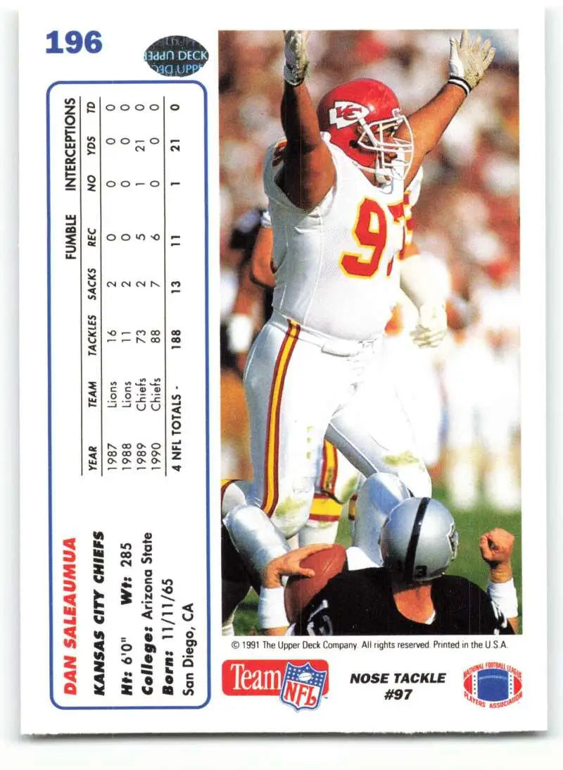 1991 Upper Deck #196 Dan Saleaumua NM-MT Kansas City Chiefs Football Card - Football Card Single