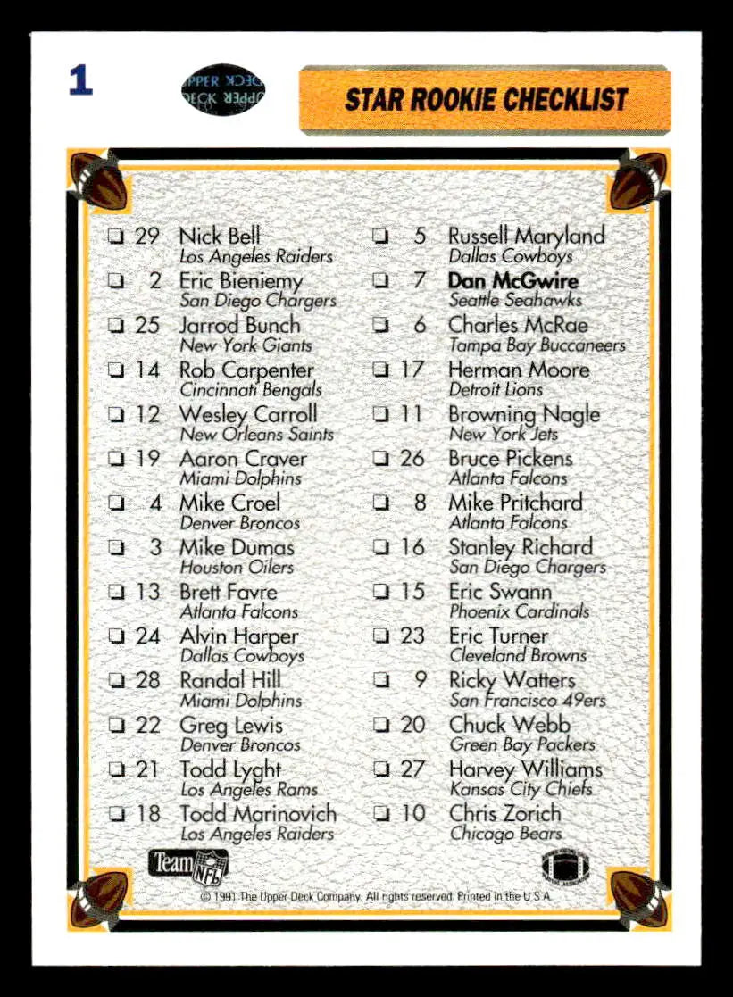 1991 Upper Deck #1b Star Rookie Checklist (Dan McGwire) - Football Card Single