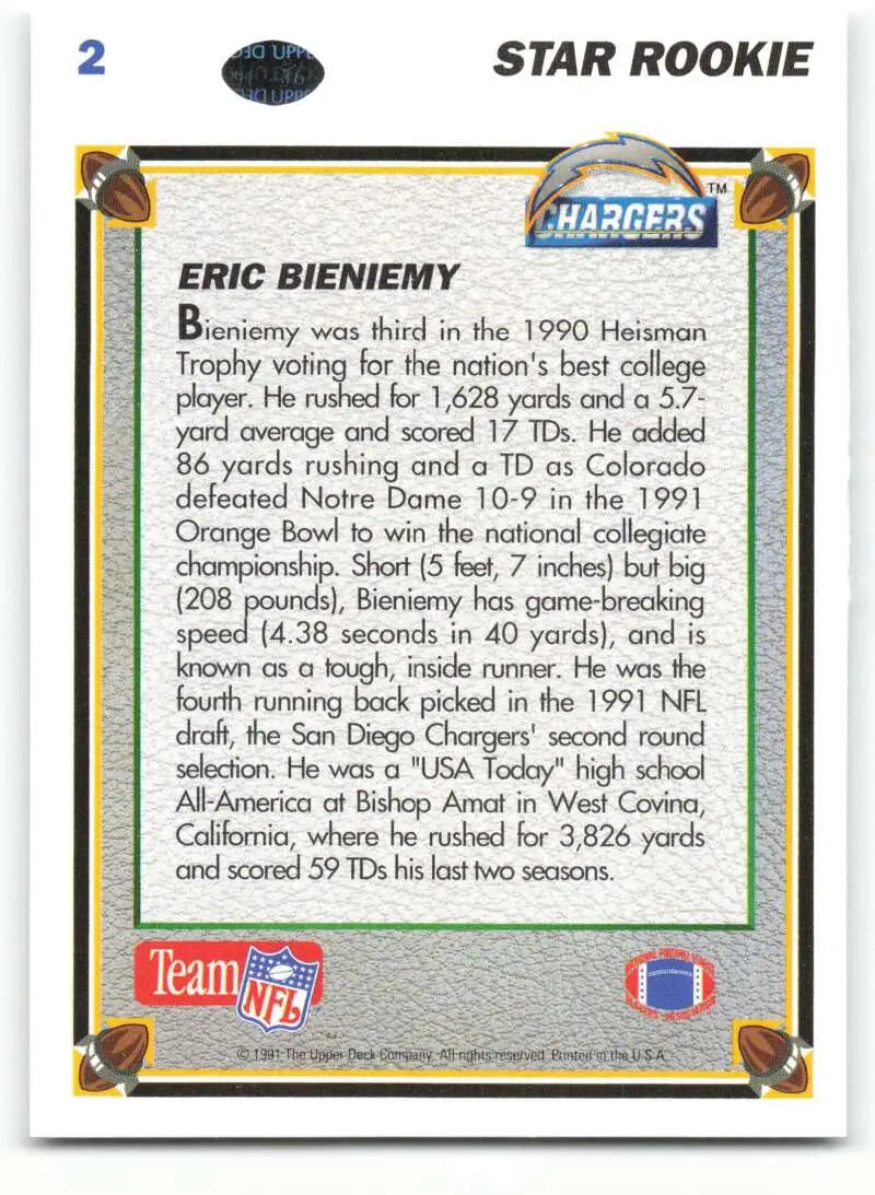 1991 Upper Deck #2 Eric Bieniemy NM-MT RC Rookie San Diego Chargers Football Card - Football Card Single