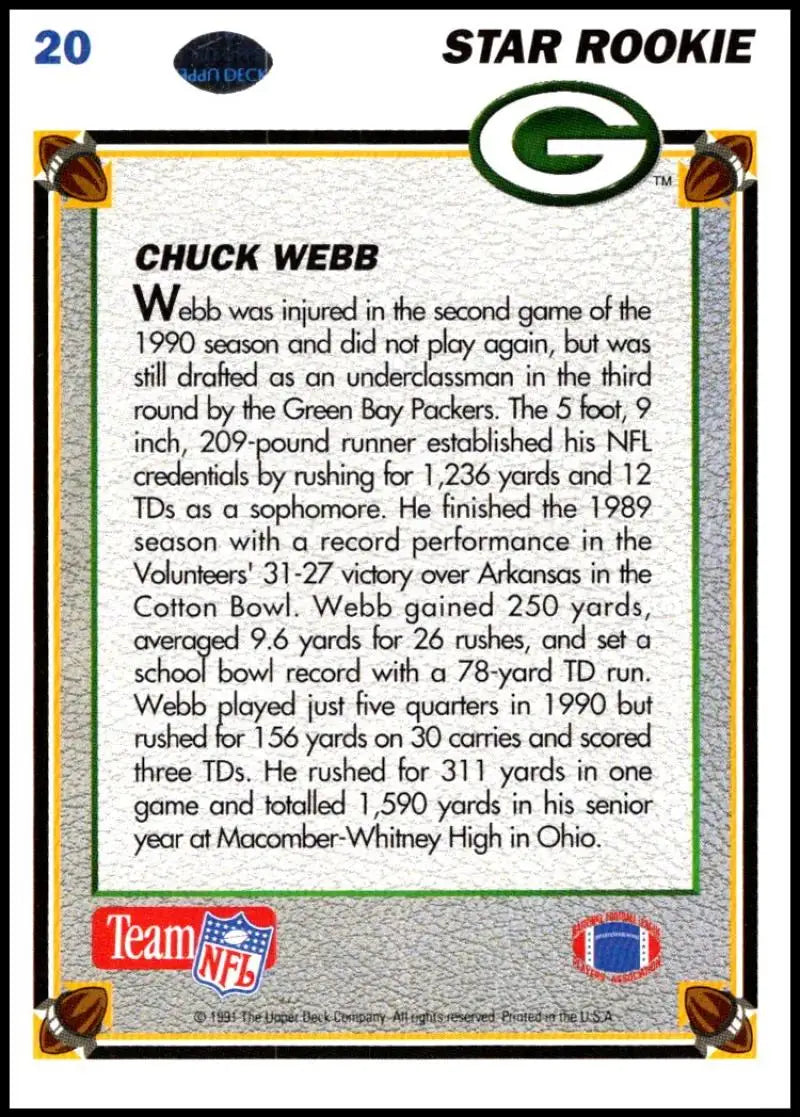 1991 Upper Deck #20 Chuck Webb NM-MT RC Rookie Green Bay Packers Football Card - Football Card Single