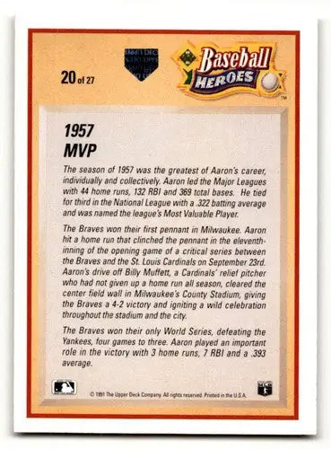 Baseball card back showing original gloss of Hank Aaron Milwaukee Braves vintage card