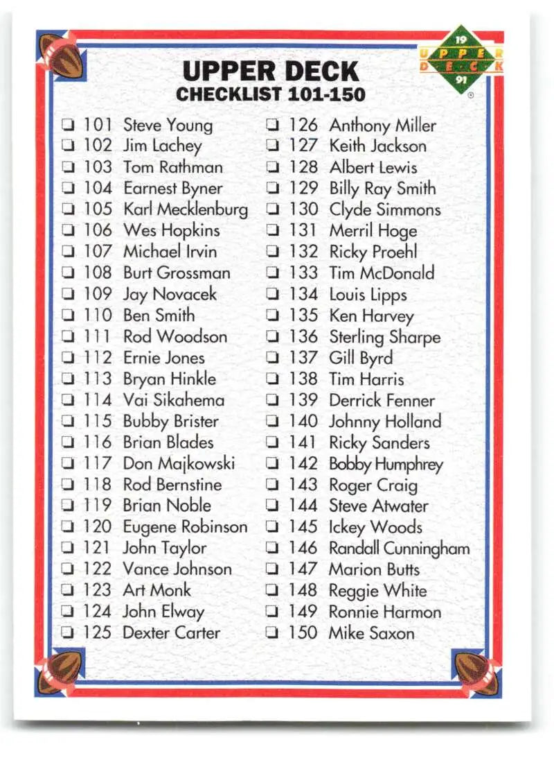 1991 Upper Deck #200 Checklist 101-200 NM-MT Football Card - Football Card Single