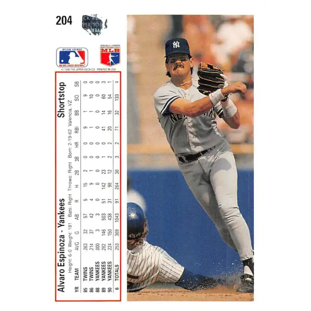 1991 Upper Deck #204 Alvaro Espinoza EX Excellent New York Yankees Baseball Card - Baseball Card Single