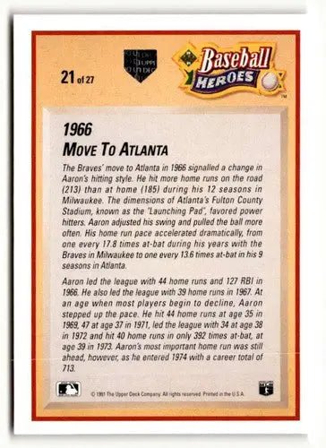 Hank Aaron baseball card back with original gloss from 1991 Upper Deck #21
