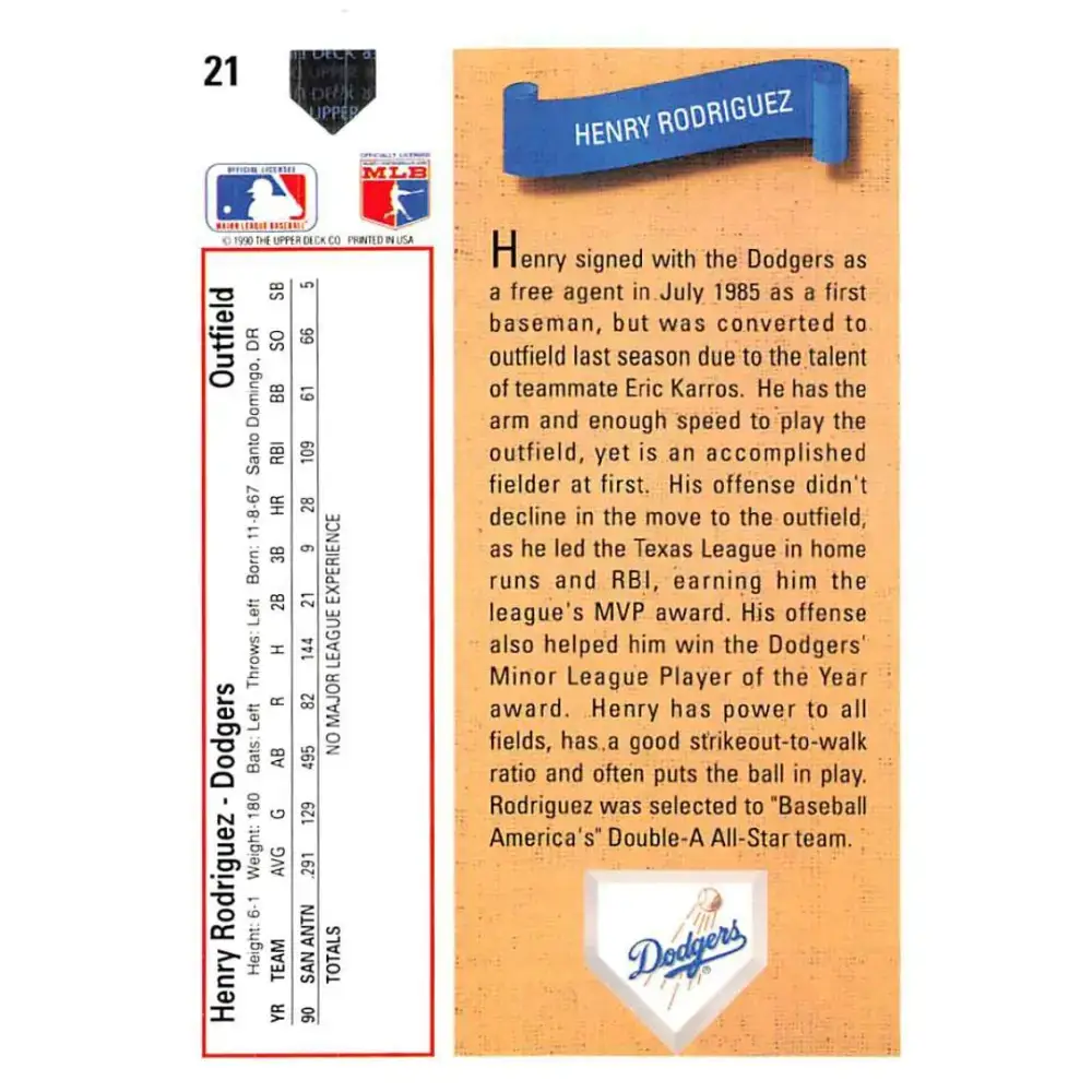 1991 Upper Deck #21 Henry Rodriguez NM-MT RC Rookie Los Angeles Dodgers Baseball Card - Baseball Card Single