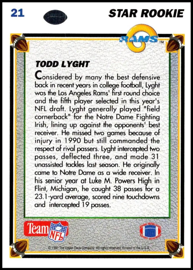 1991 Upper Deck #21 Todd Lyght NM-MT RC Rookie Los Angeles Rams Football Card - Football Card Single