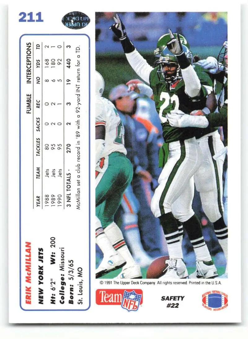 1991 Upper Deck #211 Erik McMillan NM-MT New York Jets Football Card - Football Card Single