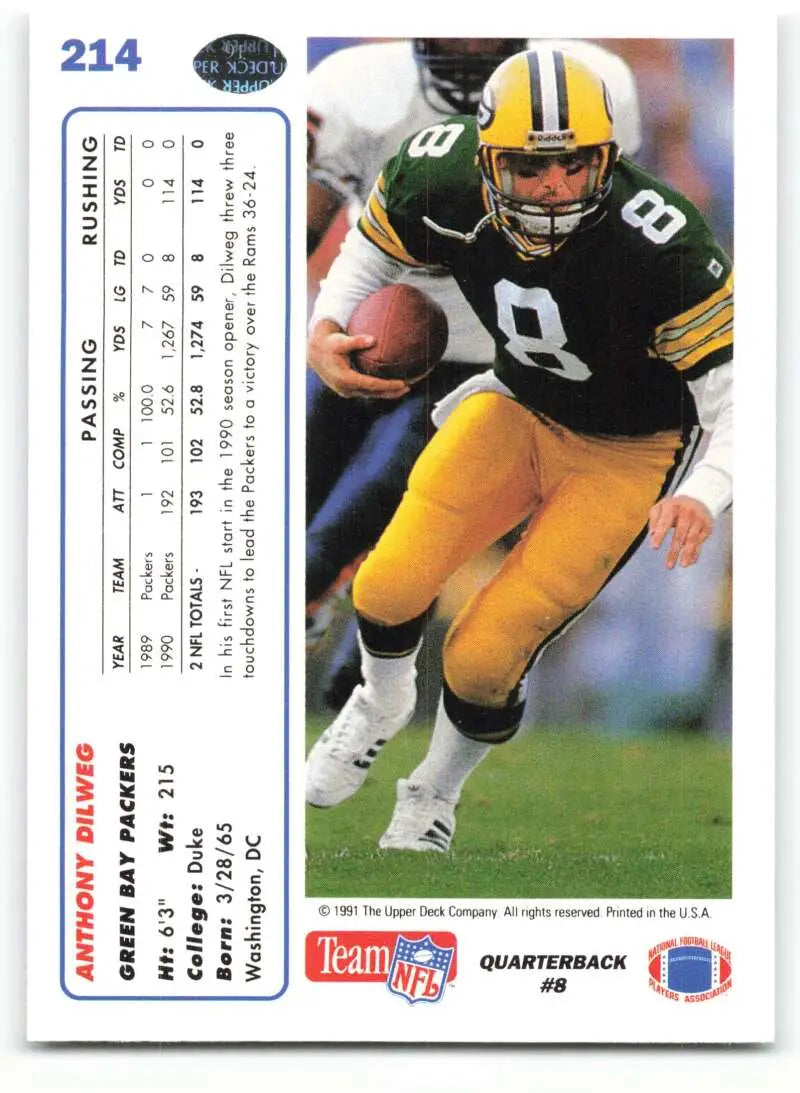 1991 Upper Deck #214 Anthony Dilweg NM-MT Green Bay Packers Football Card - Football Card Single