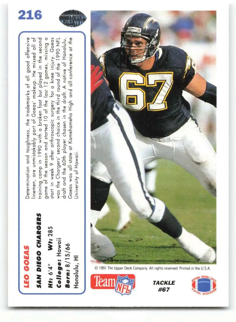 1991 Upper Deck #216 Leo Goeas NM-MT RC Rookie San Diego Chargers Football Card - Football Card Single