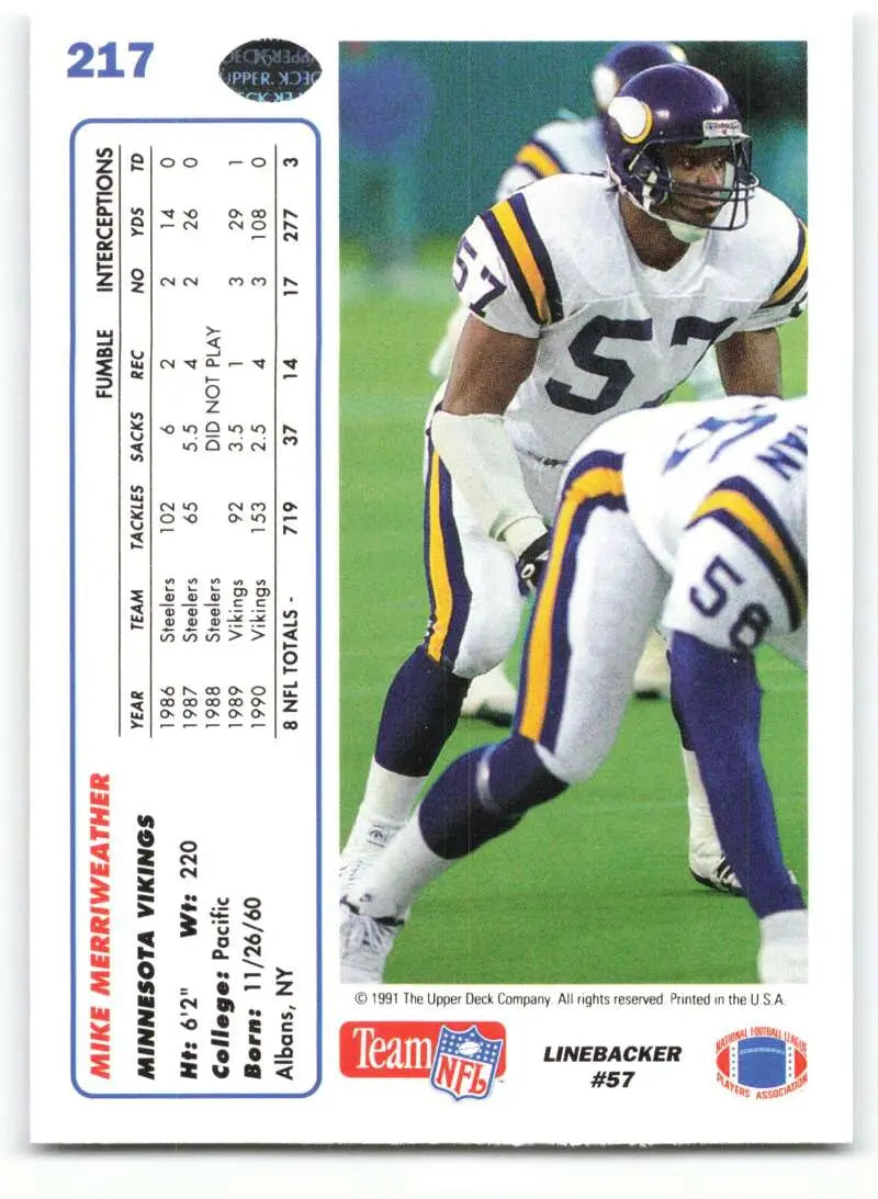 1991 Upper Deck #217 Mike Merriweather NM-MT Minnesota Vikings Football Card - Football Card Single