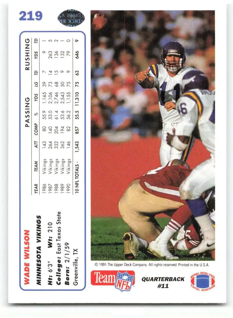 1991 Upper Deck #219 Wade Wilson NM-MT Minnesota Vikings Football Card - Football Card Single