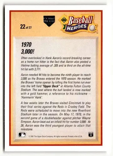 1991 Upper Deck Hank Aaron Baseball Heroes original gloss back card image