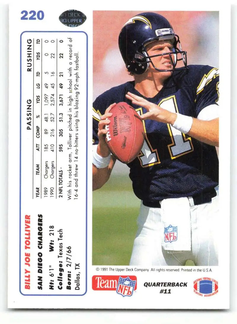 1991 Upper Deck #220 Billy Joe Tolliver NM-MT San Diego Chargers Football Card - Football Card Single