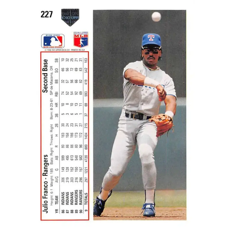 1991 Upper Deck #227 Julio Franco NM-MT Texas Rangers Baseball Card - Baseball Card Single