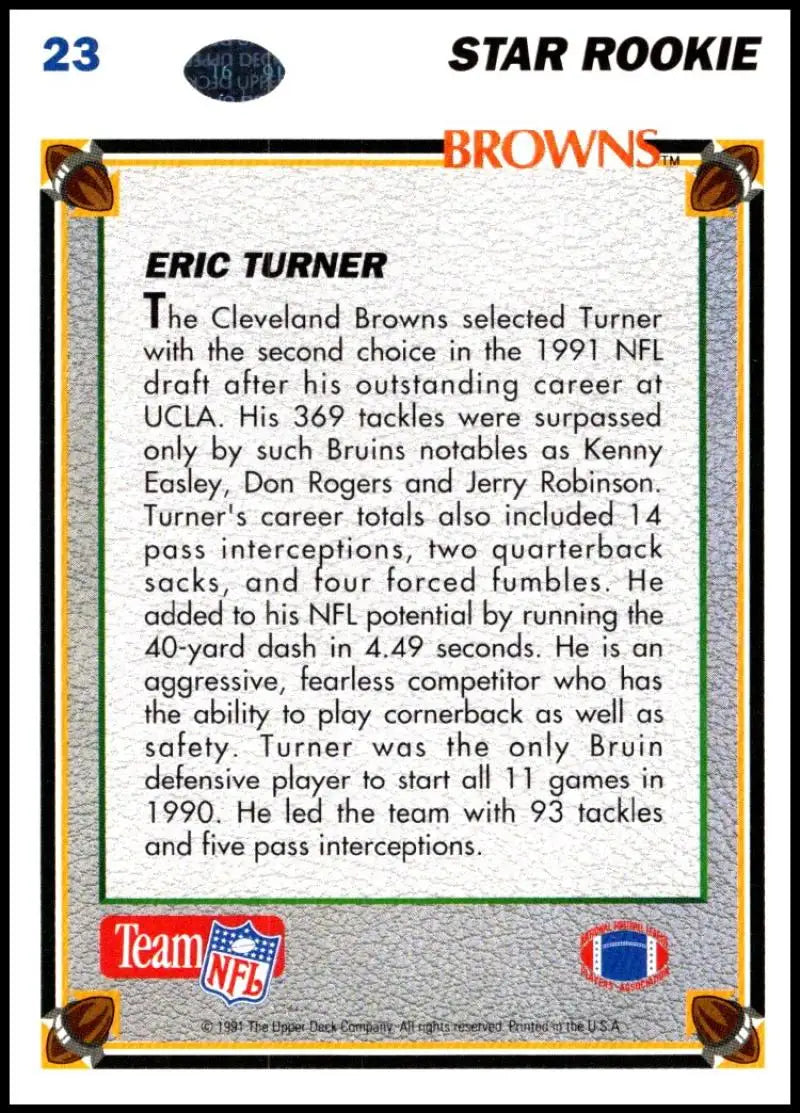 1991 Upper Deck #23 Eric Turner NM-MT RC Rookie Cleveland Browns Football Card - Football Card Single