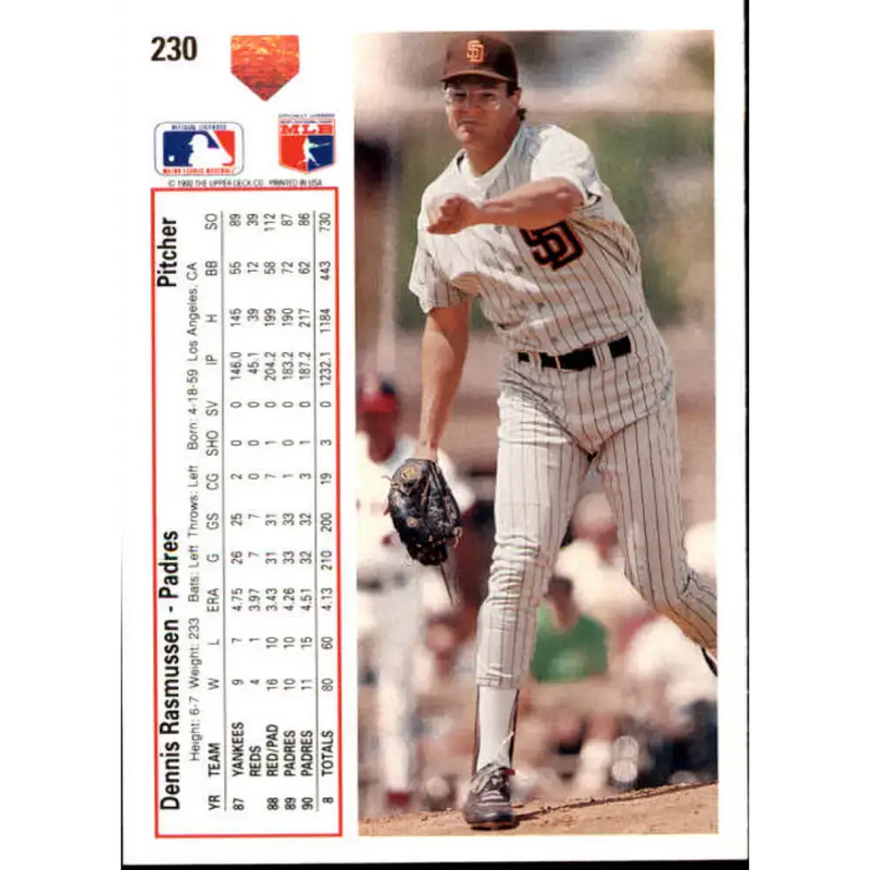 1991 Upper Deck #230 Dennis Rasmussen NM-MT San Diego Padres Baseball Card - Baseball Card Single