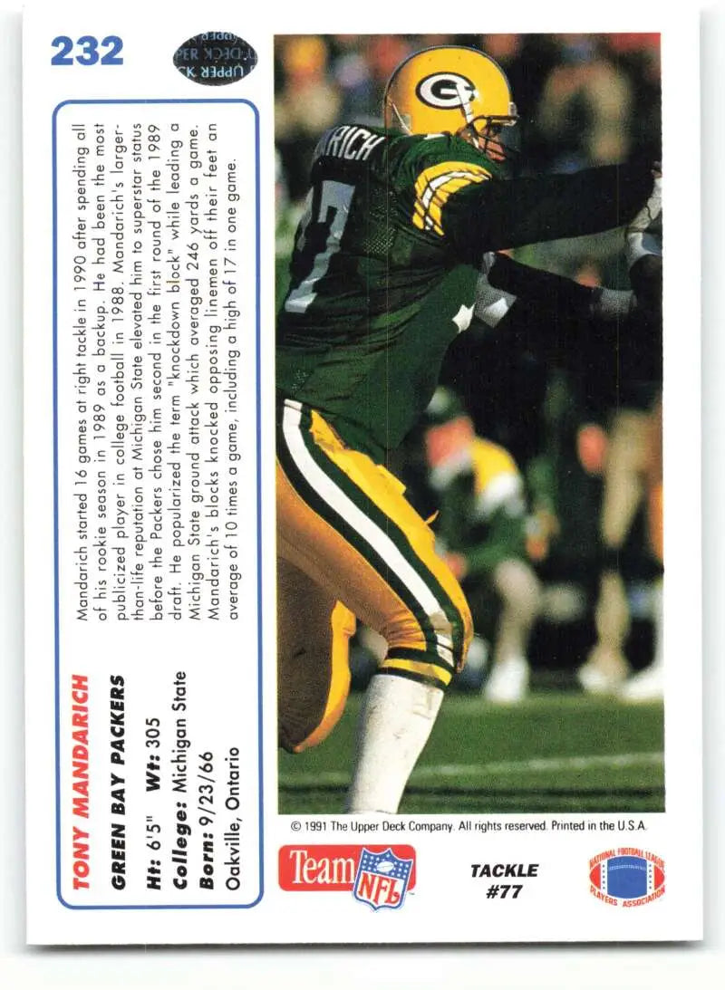 1991 Upper Deck #232 Tony Mandarich NM-MT Green Bay Packers Football Card - Football Card Single