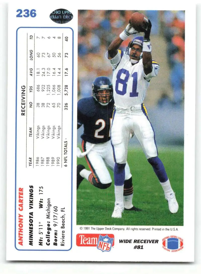1991 Upper Deck #236 Anthony Carter NM-MT Minnesota Vikings Football Card - Football Card Single