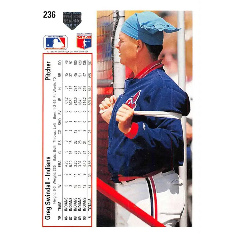 1991 Upper Deck #236 Greg Swindell EX Excellent Cleveland Indians Baseball Card - Baseball Card Single