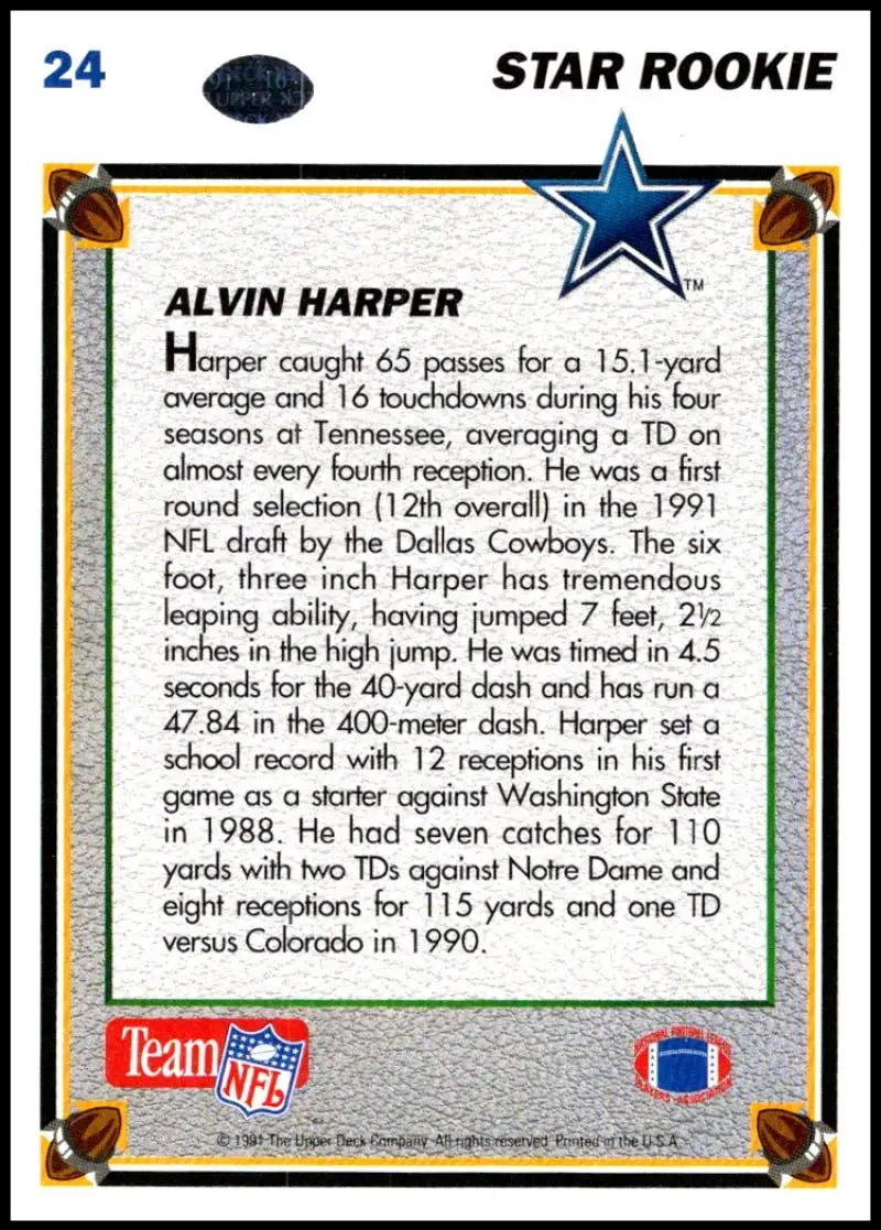 1991 Upper Deck #24 Alvin Harper NM-MT RC Rookie Dallas Cowboys Football Card - Football Card Single