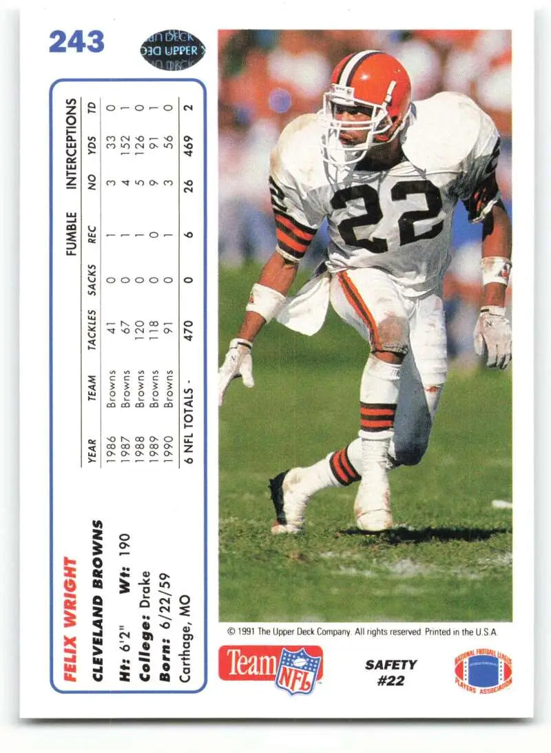 1991 Upper Deck #243 Felix Wright NM-MT Cleveland Browns Football Card - Football Card Single
