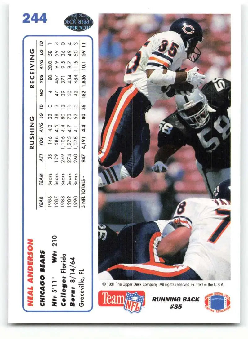1991 Upper Deck #244 Neal Anderson NM-MT Chicago Bears Football Card - Football Card Single