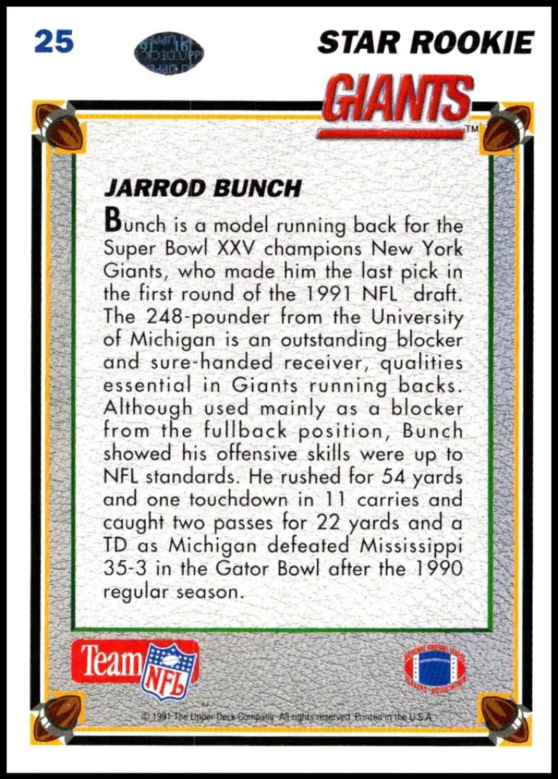 1991 Upper Deck #25 Jarrod Bunch NM-MT RC Rookie New York Giants Football Card - Football Card Single