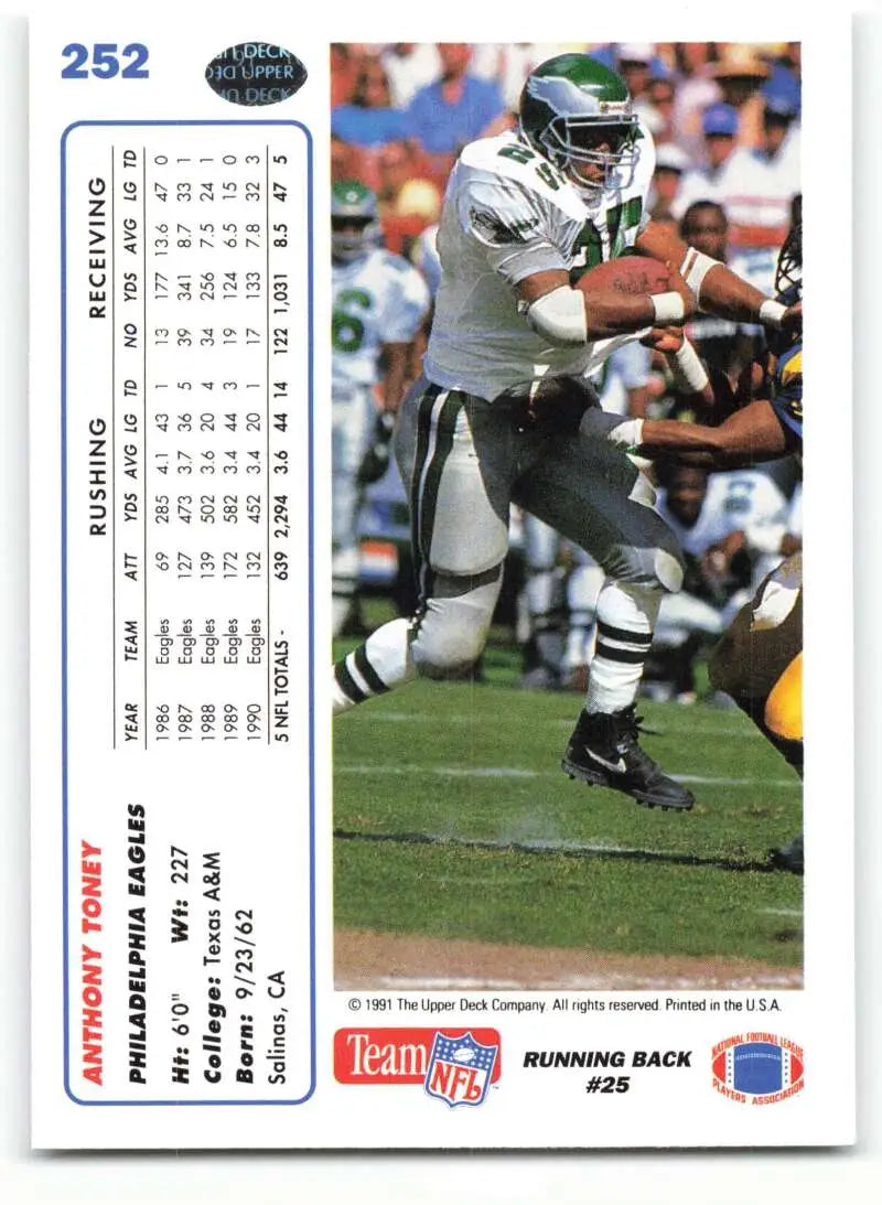 1991 Upper Deck #252 Anthony Toney NM-MT Philadelphia Eagles Football Card - Football Card Single