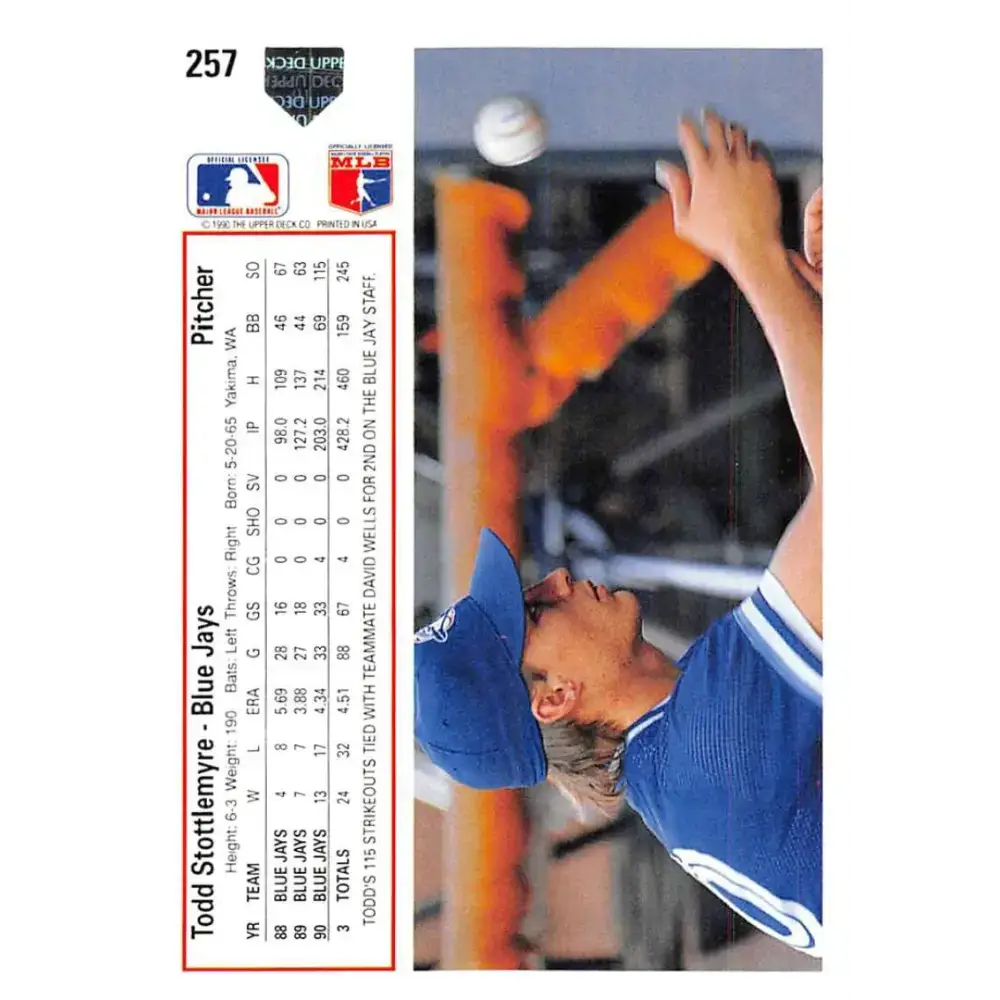 1991 Upper Deck #257 Todd Stottlemyre NM-MT Toronto Blue Jays Baseball Card - Baseball Card Single